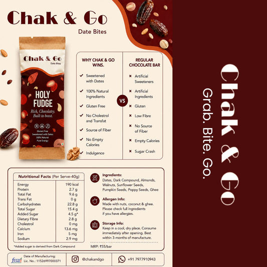 Promotional graphic for Chak & Go Holy Fudge Date Bites, featuring product packaging, ingredient highlights, nutritional facts, and comparison text versus regular chocolate bar. The design uses a dark brown and warm beige color scheme with illustrations of chocolate and dates.