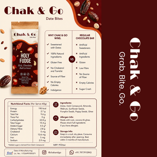 Promotional graphic for Chak & Go Holy Fudge Date Bites, featuring product packaging, ingredient highlights, nutritional facts, and comparison text versus regular chocolate bar. The design uses a dark brown and warm beige color scheme with illustrations of chocolate and dates.