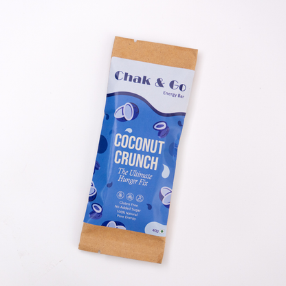 Chak and Go Coconut Crunch Energy Bar in a kraft paper pouch with a blue and white label, photographed on a plain white background.